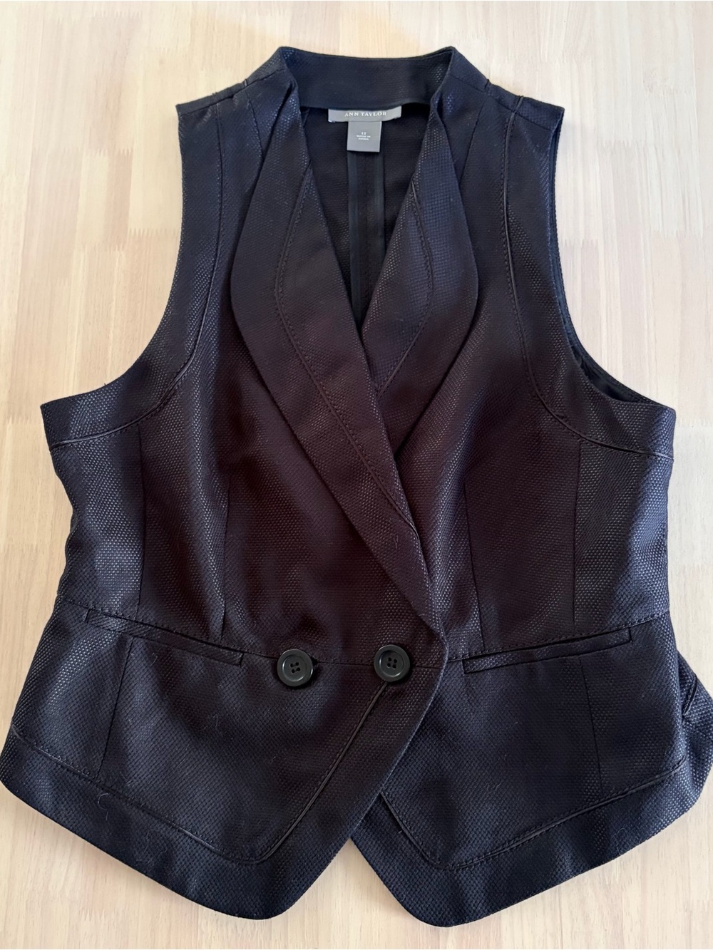 EUC! Ann Taylor Black Textured Double-Breasted Vest Sz 12